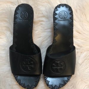 Tory Burch Leather Black Upper / Tan Heel Wedge